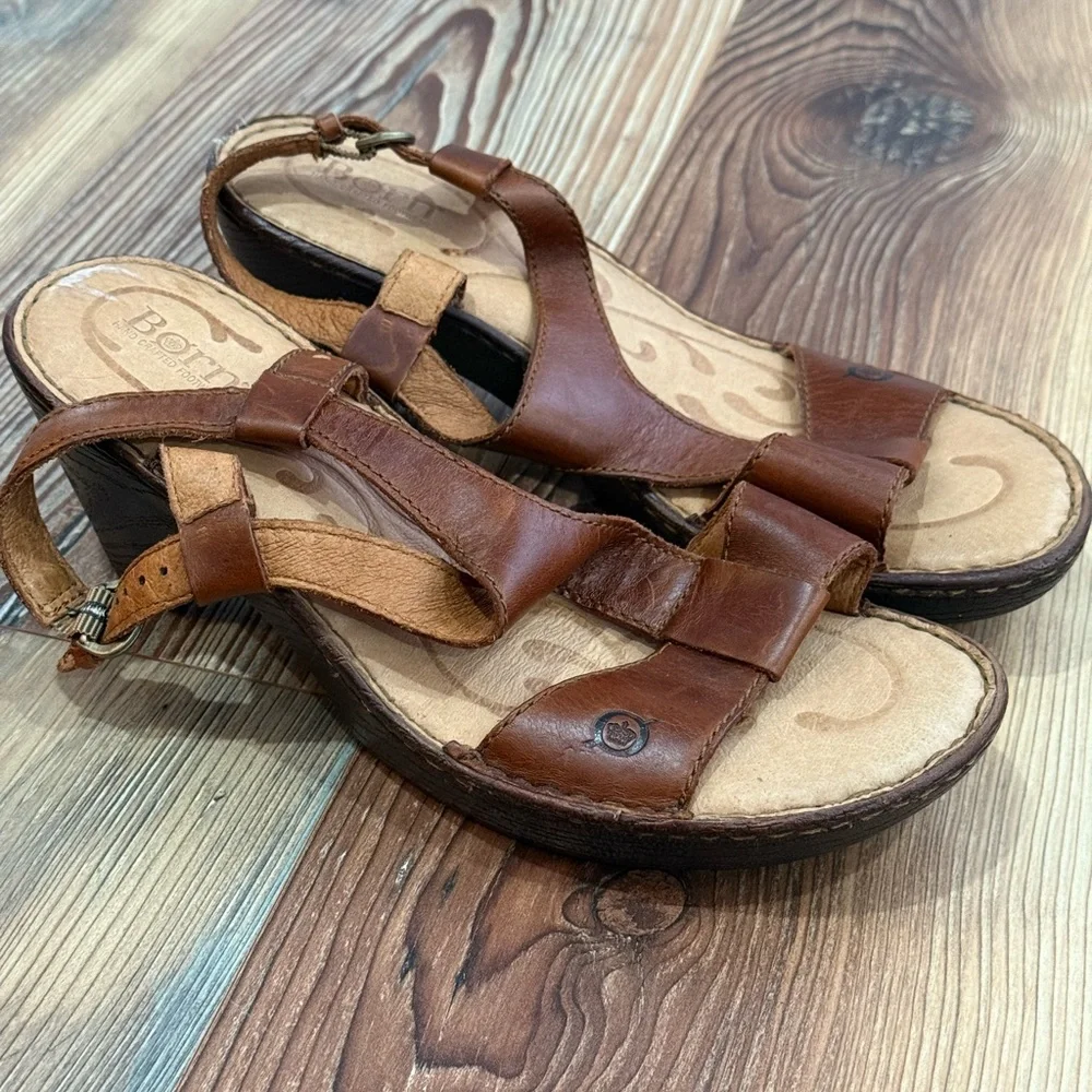 Born 10 Women's Brown Leather Slingback Sandal Heel